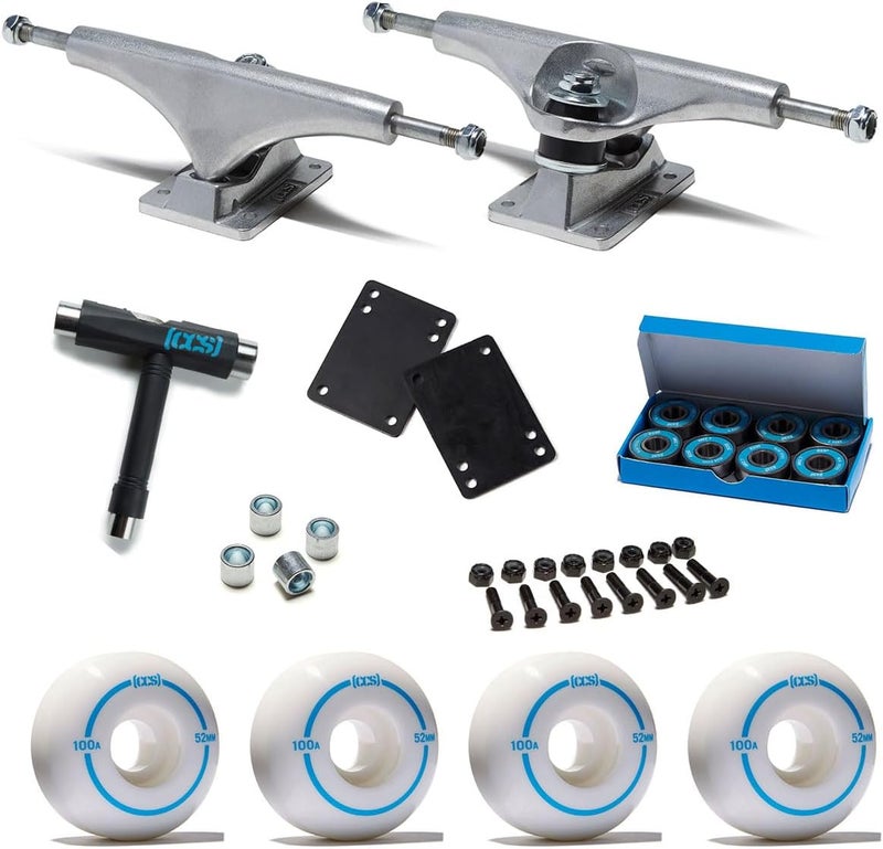 CCS [] Skateboard Assembly Kit | Professional Grade | Set of 2 Trucks | 100A Wheels | ABEC 7 Bearings | 1" Mounting Hardware | 1/8" Riser Pads | Bearing Spacers - Image 1